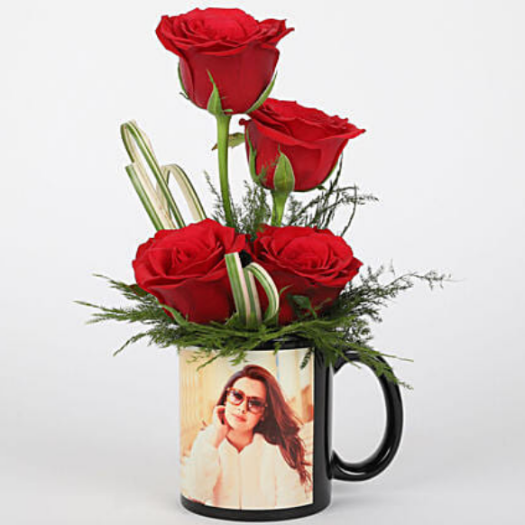 Red Roses in Personalised Black Mug